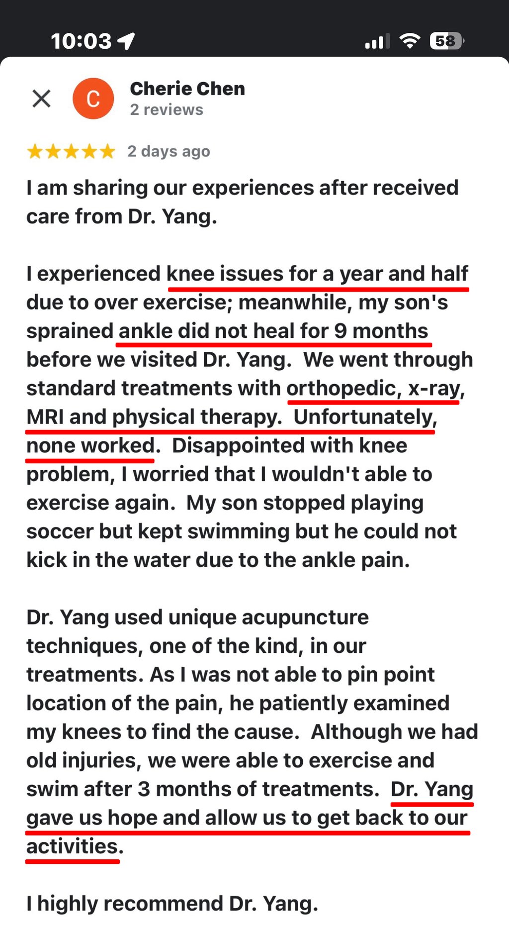 Screenshot of a five-star Google review from Cherie Chen describing long-term knee pain and her son’