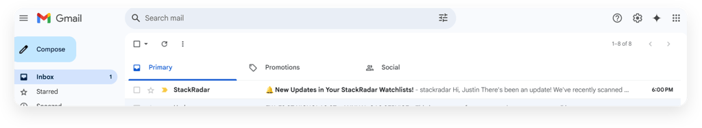 Email inbox with a real-time StackRadar notification alerting technology changes in the user's watch