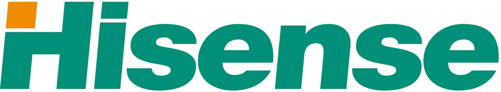 Official teal Hisense logo with an orange square accent above the letter H on a black background.