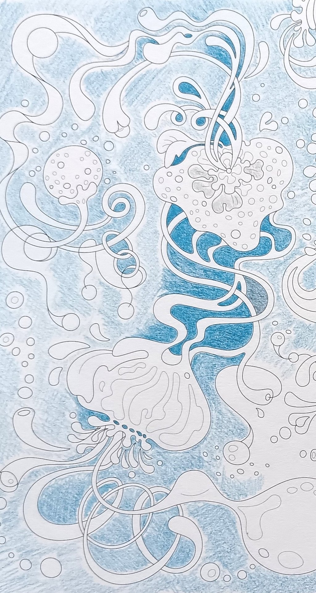 a drawing of a jellyfish in a blue and white background