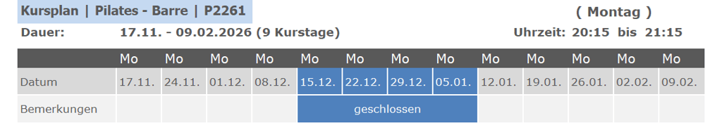 Kurs P2261 Pilates Barre für Anfänger und Fortgeschrittene 