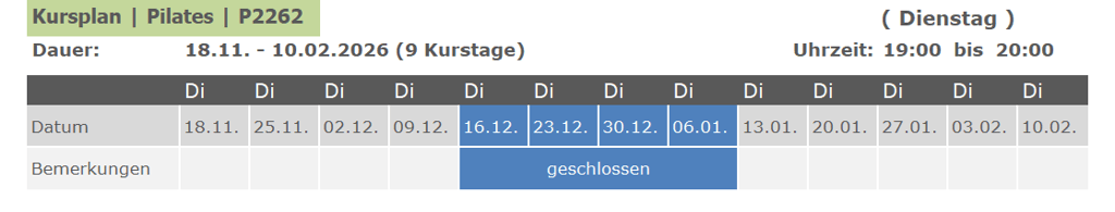 Kurs P2262 Pilates für Anfänger und Fortgeschrittene 