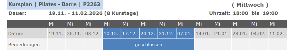 Kurs P2263 Pilates Barre für Anfänger und Fortgeschrittene 