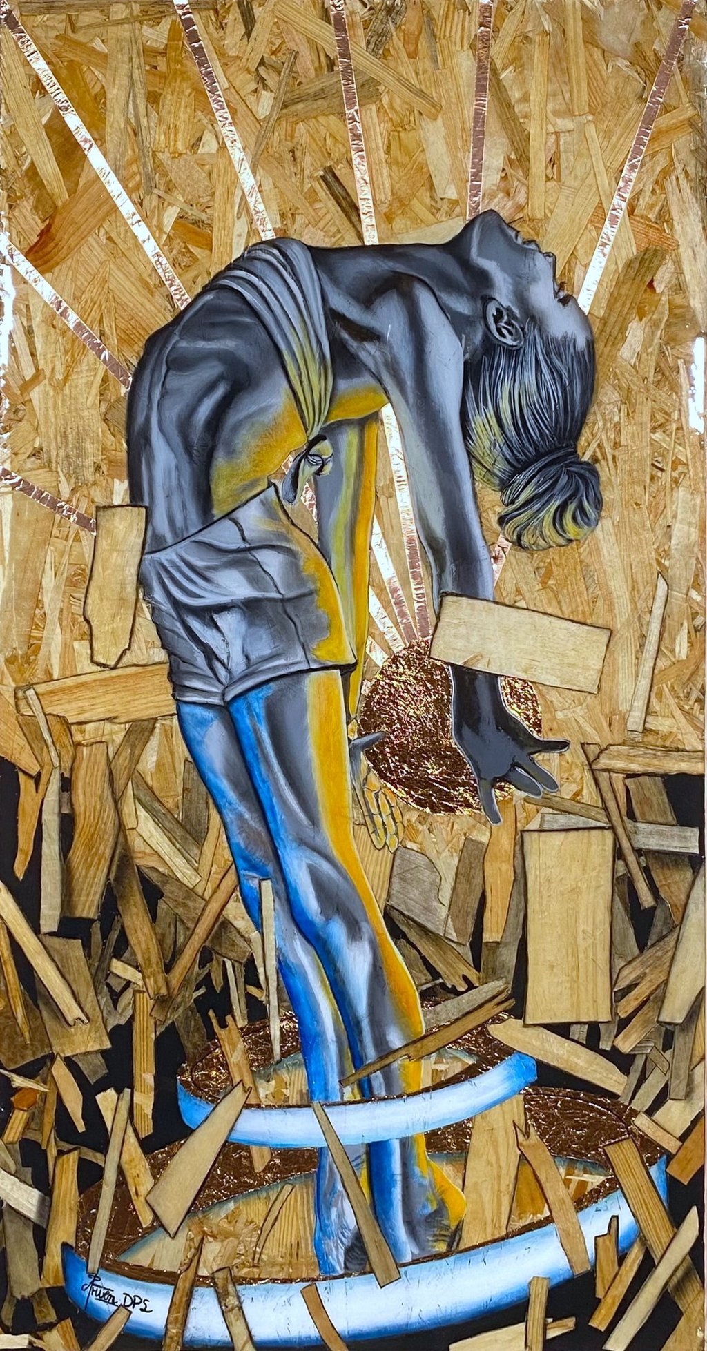 L’Éveil de Séléné, portrait féminin sur OSB, acrylique et fusain