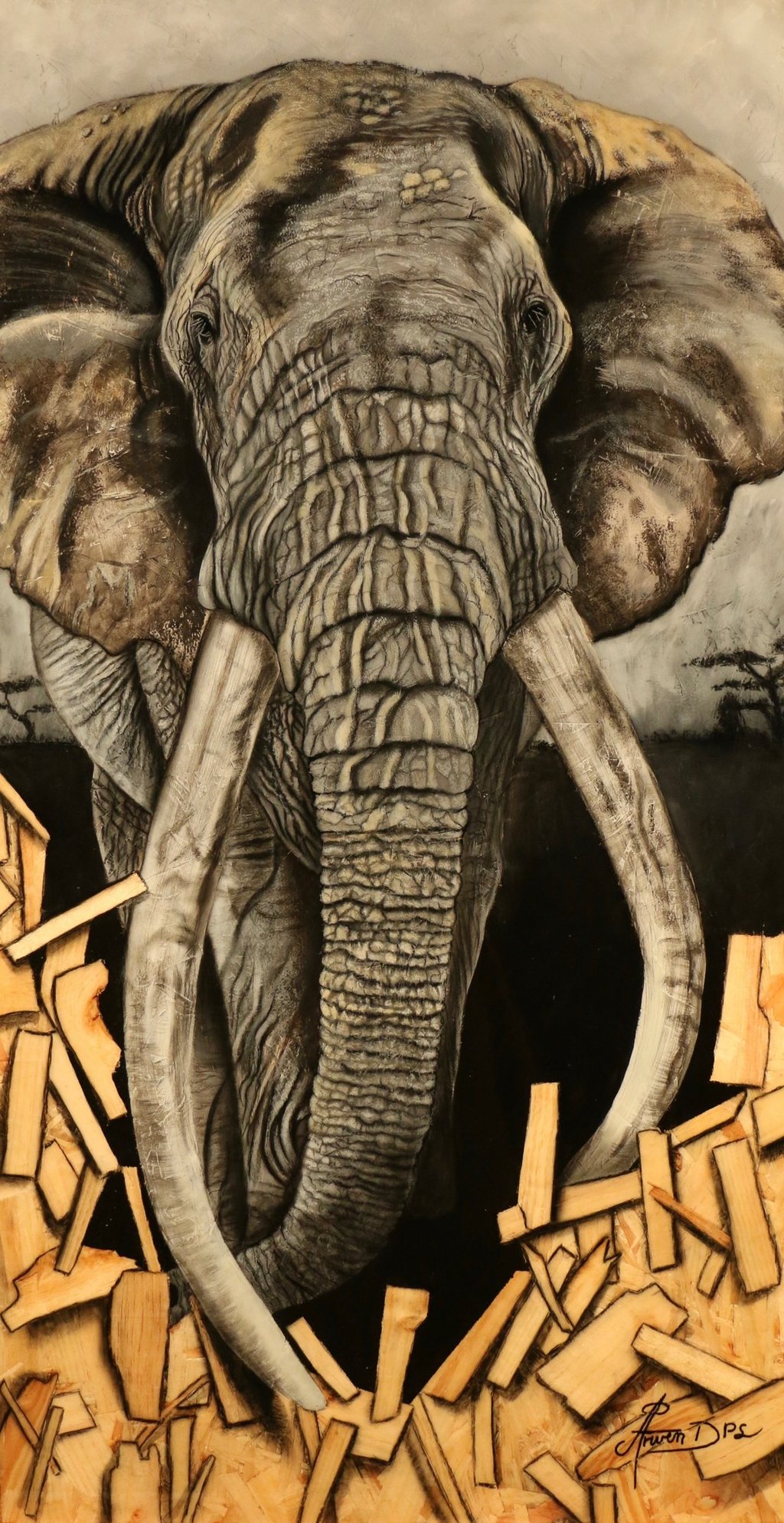 Œuvre intitulée Éclat de Sagesse, représentant un éléphant de face, peinture réalisée sur bois OSB.