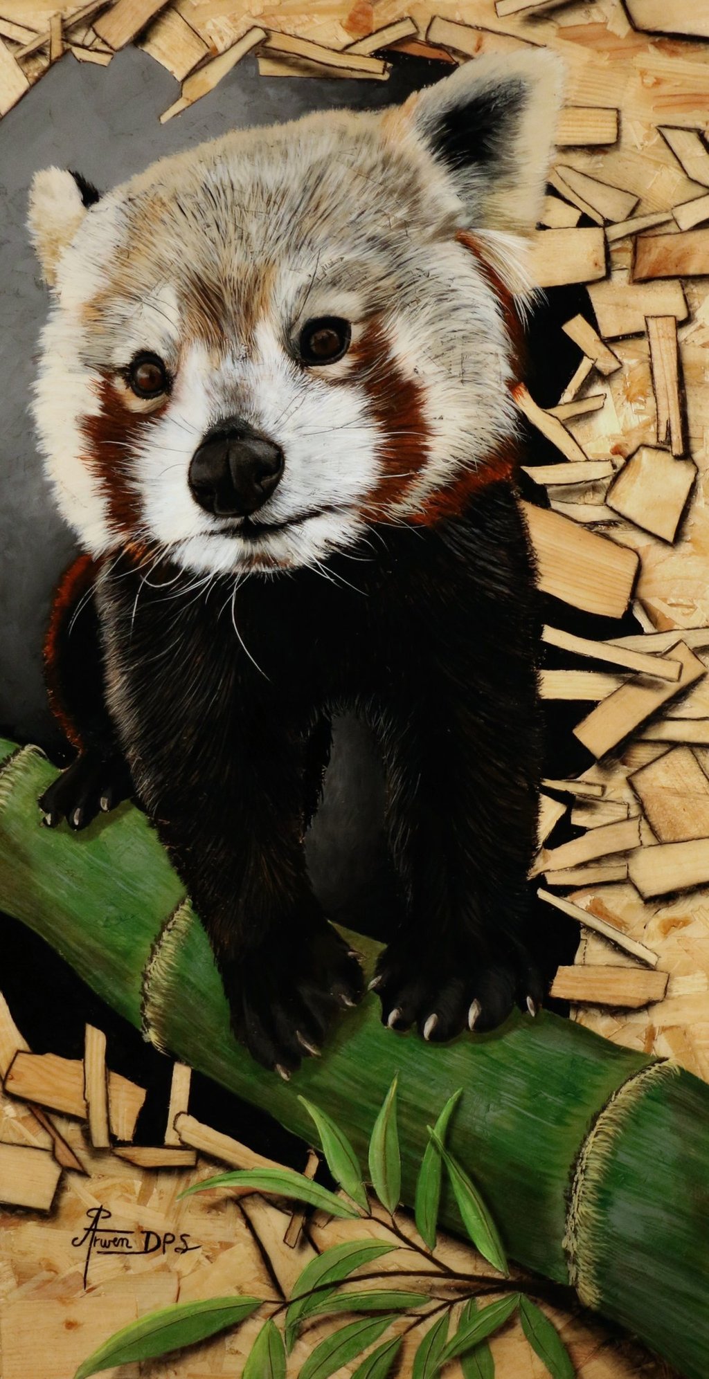 Oeuvre Naoki, représentant un panda roux dans un décor végétal, peinture réalisée sur bois OSB.