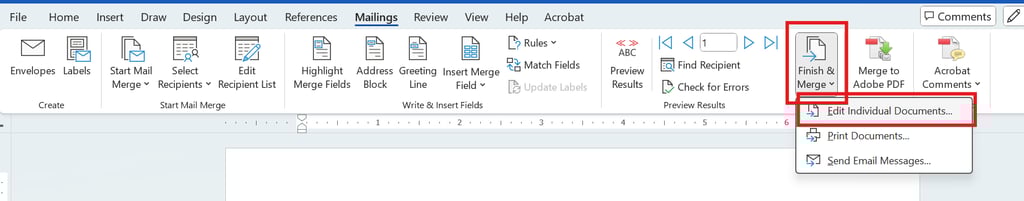 screenshot of Mailings ribbon with the Edit Individual Documents button selected