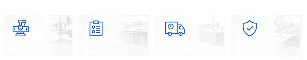 Manufacturing process icons for precision engineering, quality control, shipping, and security.