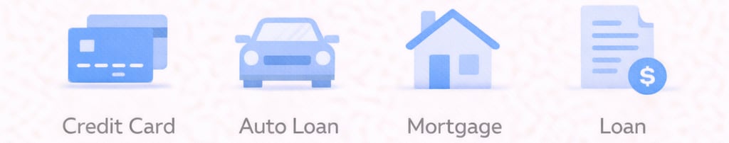 Concept: Simple visual showing different types of credit accounts as categories  Icons or minimal vi