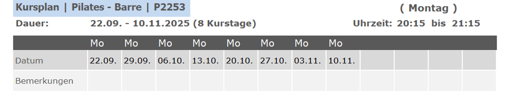 Kurs P2253 Pilates Barre für Anfänger und Fortgeschrittene 
