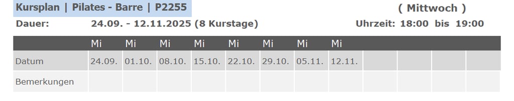 Kurs P2255 Pilates Barre für Anfänger und Fortgeschrittene 