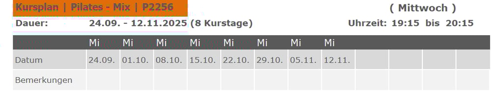 Kurs P2256 Pilates Mix für Anfänger und Fortgeschrittene 