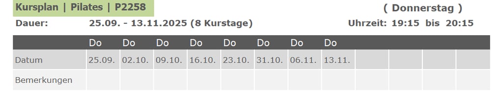 Kurs P2258 Pilates für Anfänger und Fortgeschrittene 