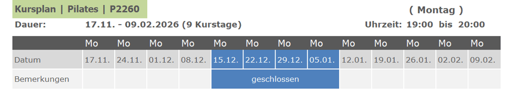Kurs P2260 Pilates für Anfänger und Fortgeschrittene 