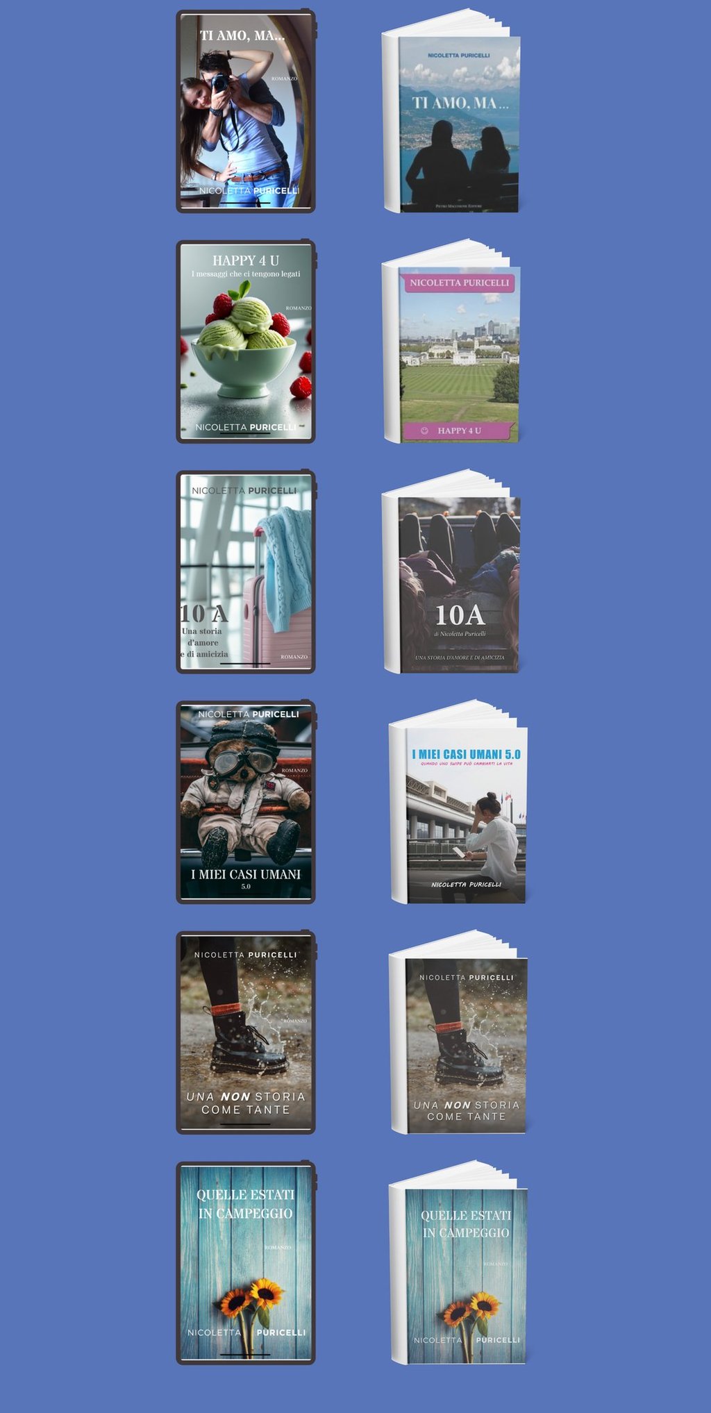 CCopertine dei 6 romanzi di Nicoletta, divise per libro con la versione digitale e quella cartacea