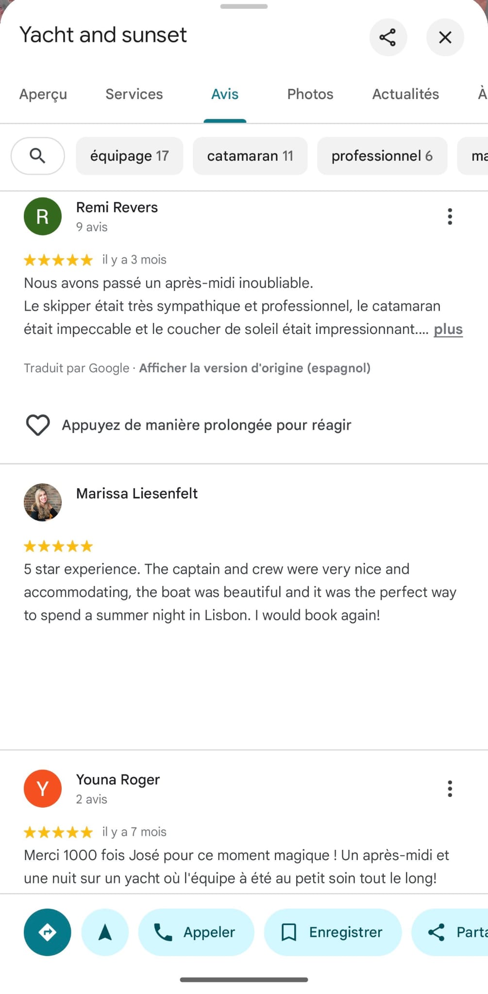 Image showing a review from one of our client that rent our catamaran