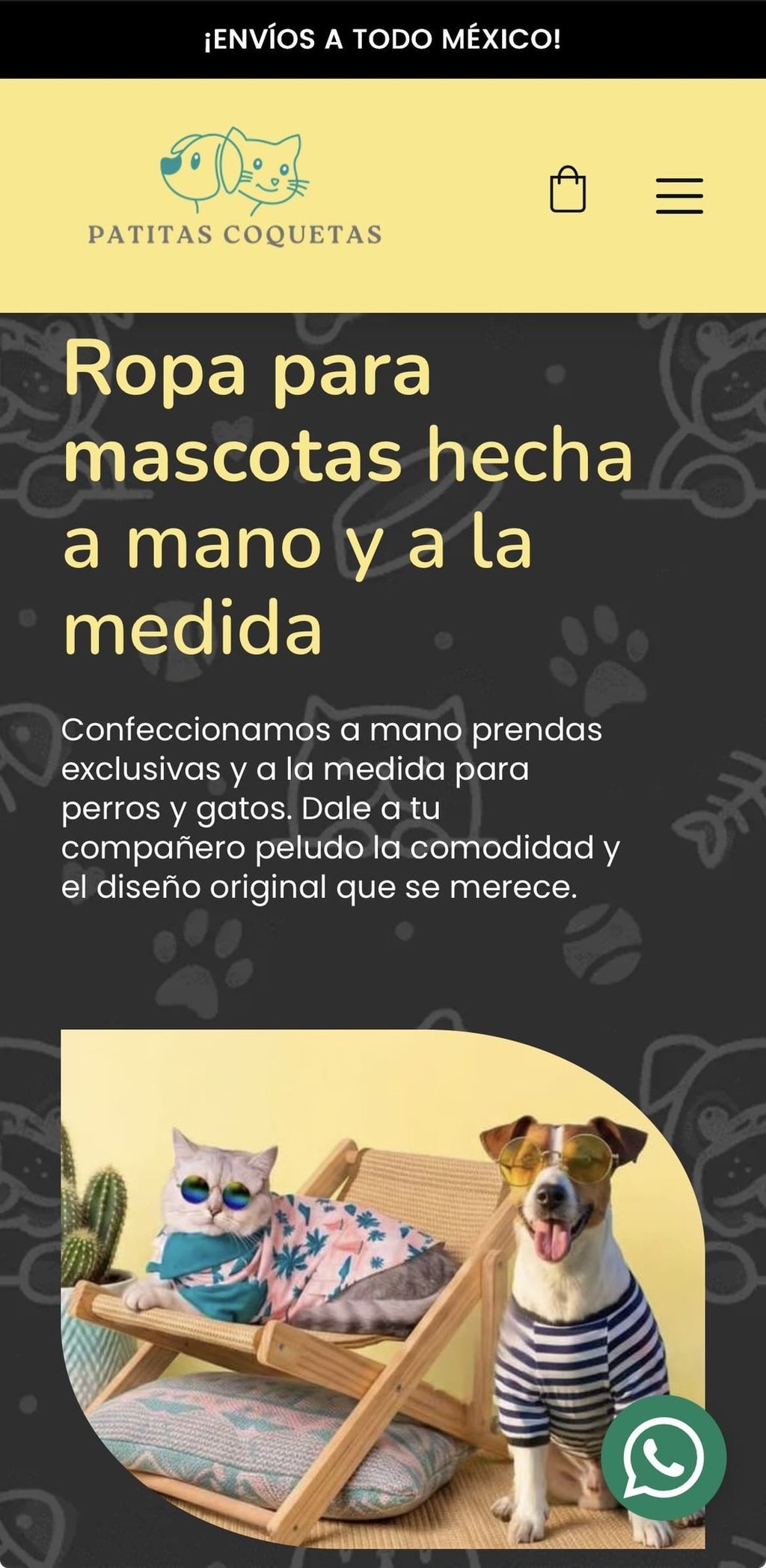 Página web de ropa de mascotas hecha a mano a medida, con un gato y perro luciendo trajes de verano.