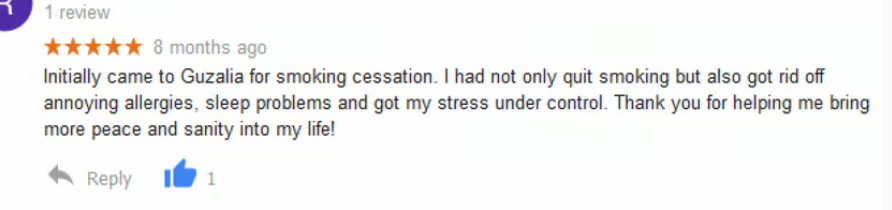 Five-star customer review for Guzalia regarding successful smoking cessation and stress management.