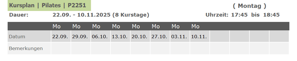 Kurs P2251 Pilates für Anfänger und Fortgeschrittene 