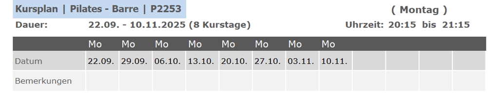 Kurs P2253 Pilates Barre für Anfänger und Fortgeschrittene 