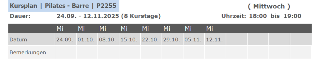 Kurs P2255 Pilates Barre für Anfänger und Fortgeschrittene 