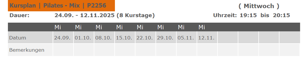 Kurs P2256 Pilates Mix für Anfänger und Fortgeschrittene 
