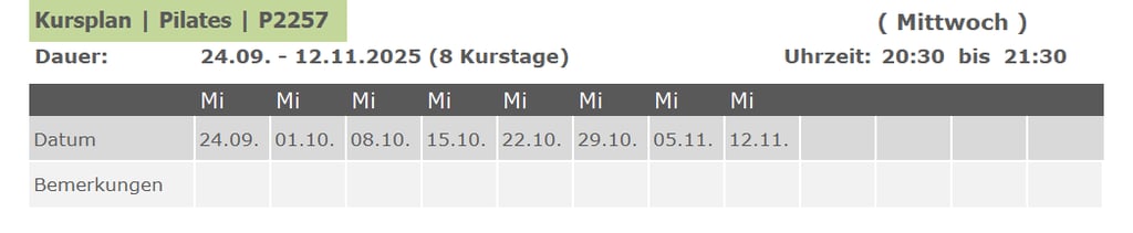 Kurs P2257 Pilates für Anfänger und Fortgeschrittene 