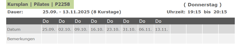 Kurs P2258 Pilates für Anfänger und Fortgeschrittene 
