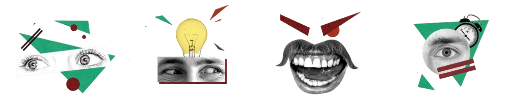 Abstraktes Bild mit 4 verschiedenen Gesichts- und Mundformen