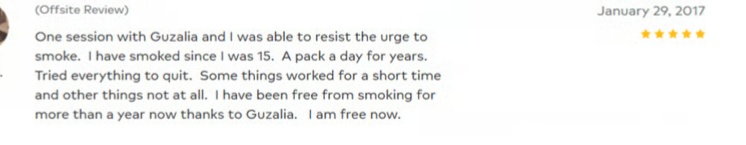 Positive client testimonial review for Guzalia's stop smoking sessions with a five-star rating.