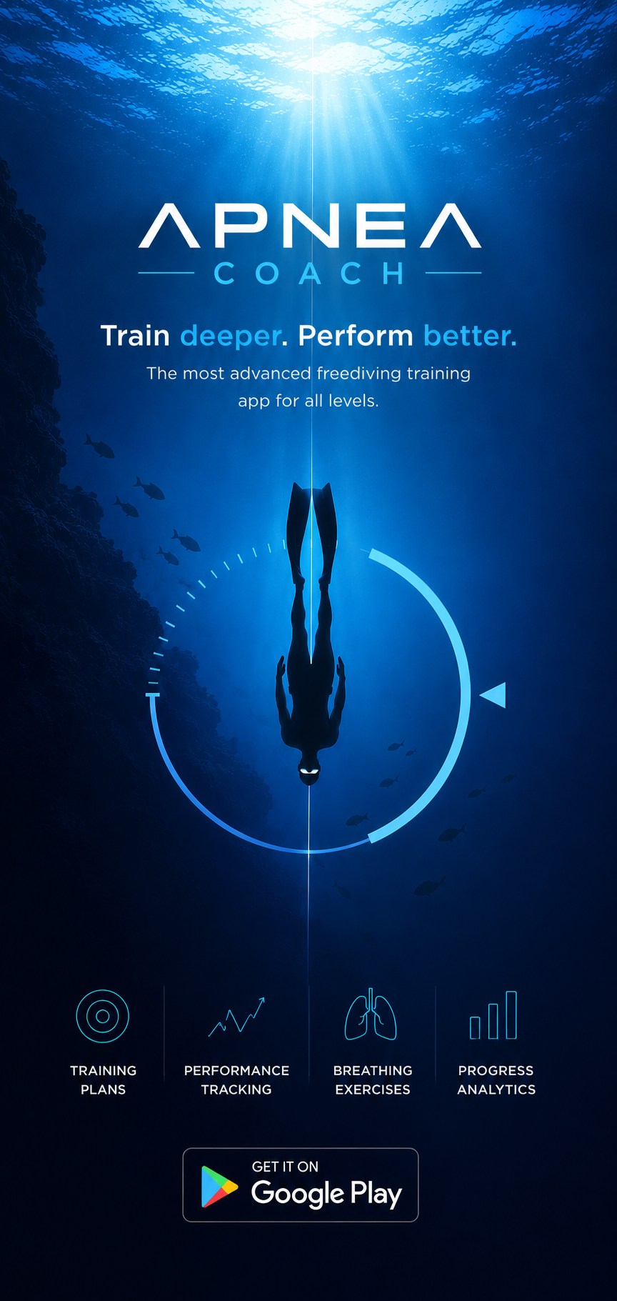 Apnea Coach freediving training app interface featuring a diver silhouette and breathing exercise tracking.