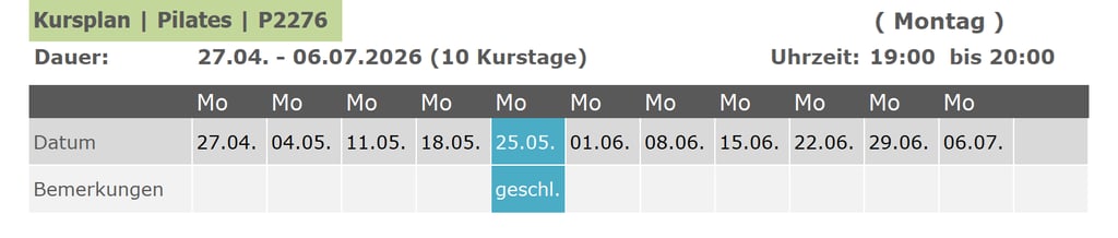 Kurs P2276 Pilates für Anfänger und Fortgeschrittene 