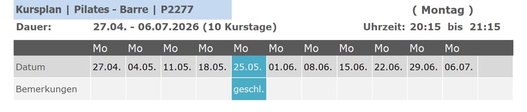 Kurs P2277 Pilates Barre für Anfänger und Fortgeschrittene 