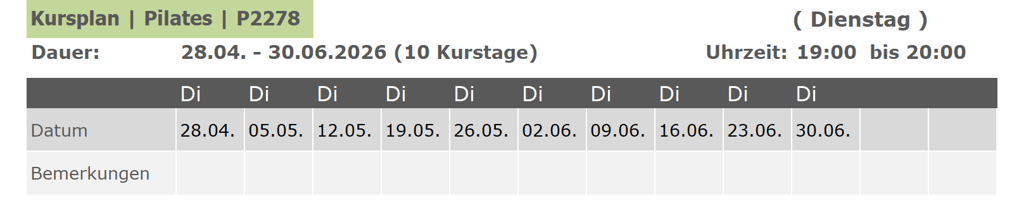 Kurs P2278 Pilates für Anfänger und Fortgeschrittene 