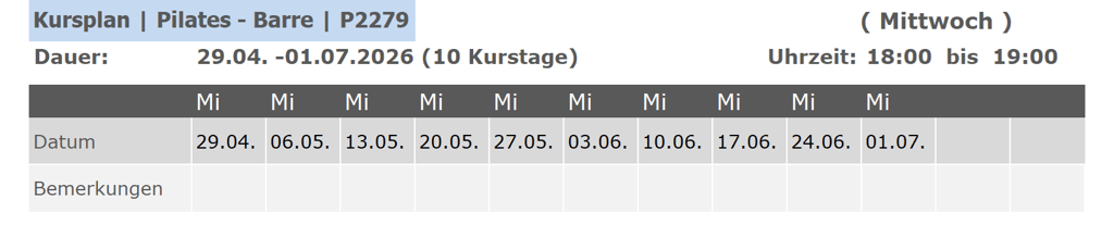 Kurs P2279 Pilates Barre für Anfänger und Fortgeschrittene 