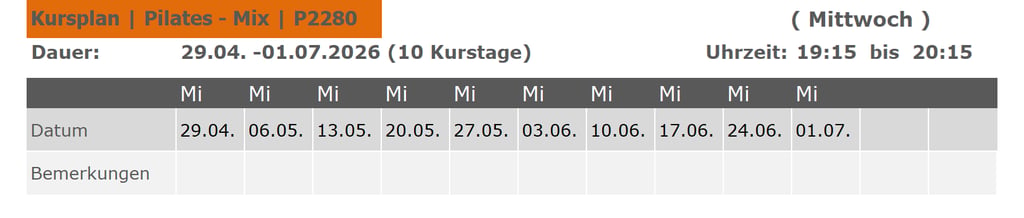 Kurs P2280 Pilates Mix für Anfänger und Fortgeschrittene 