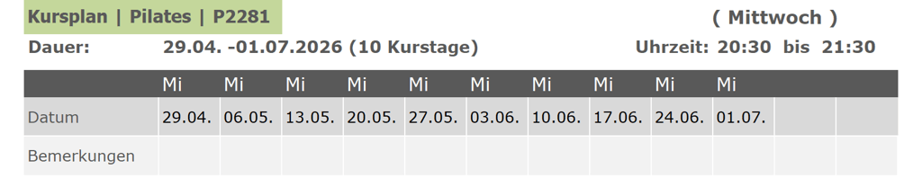 Kurs P2281 Pilates für Anfänger und Fortgeschrittene 