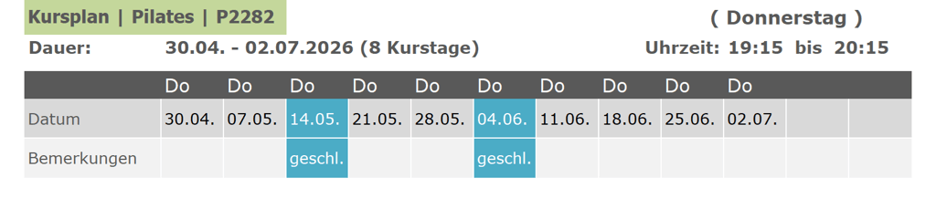 Kurs P2282 Pilates für Anfänger und Fortgeschrittene 