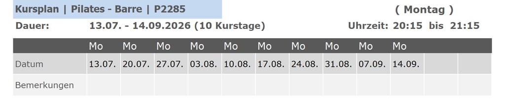 Kurs P2285 Pilates Barre für Anfänger und Fortgeschrittene 
