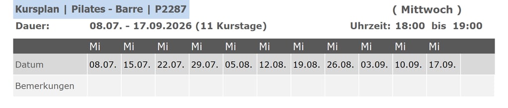 Kurs P2287 Pilates Barre für Anfänger und Fortgeschrittene 