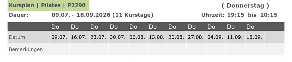 Kurs P2290 Pilates für Anfänger und Fortgeschrittene 