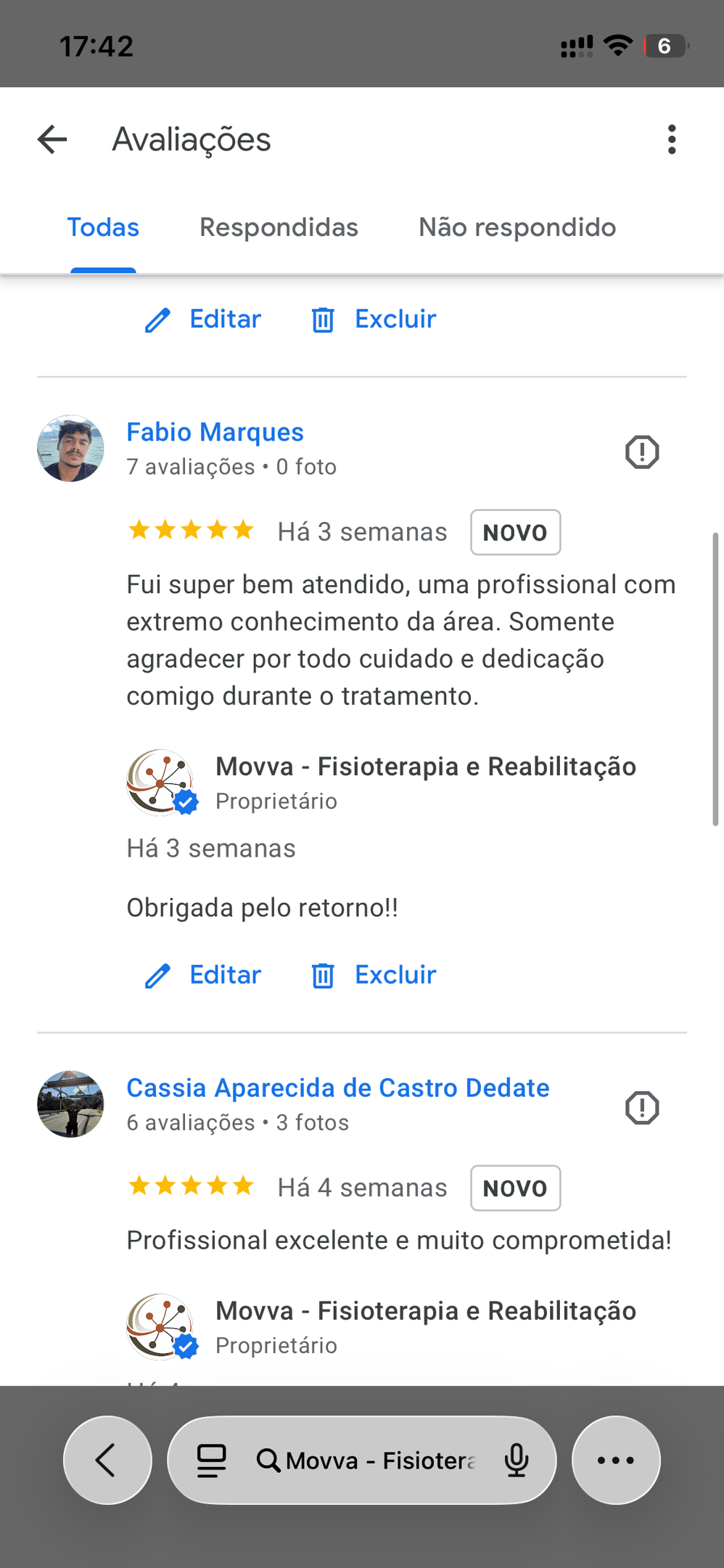 Print de uma avaliação no Google Business Profile de paciente satisfeito - fisioterapia ilhabela