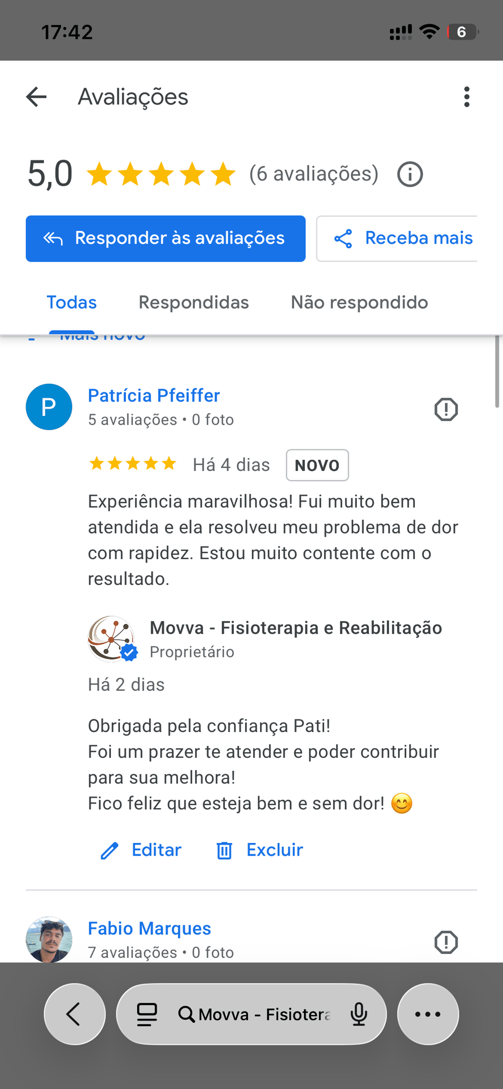 Print de uma avaliação no Google Business Profile de paciente satisfeito - fisioterapia ilhabela