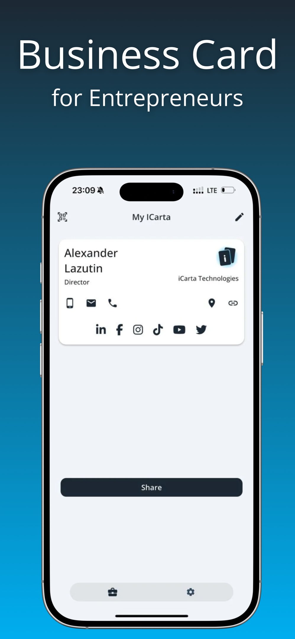 Digital business card app for entrepreneurs on a mobile phone interface.