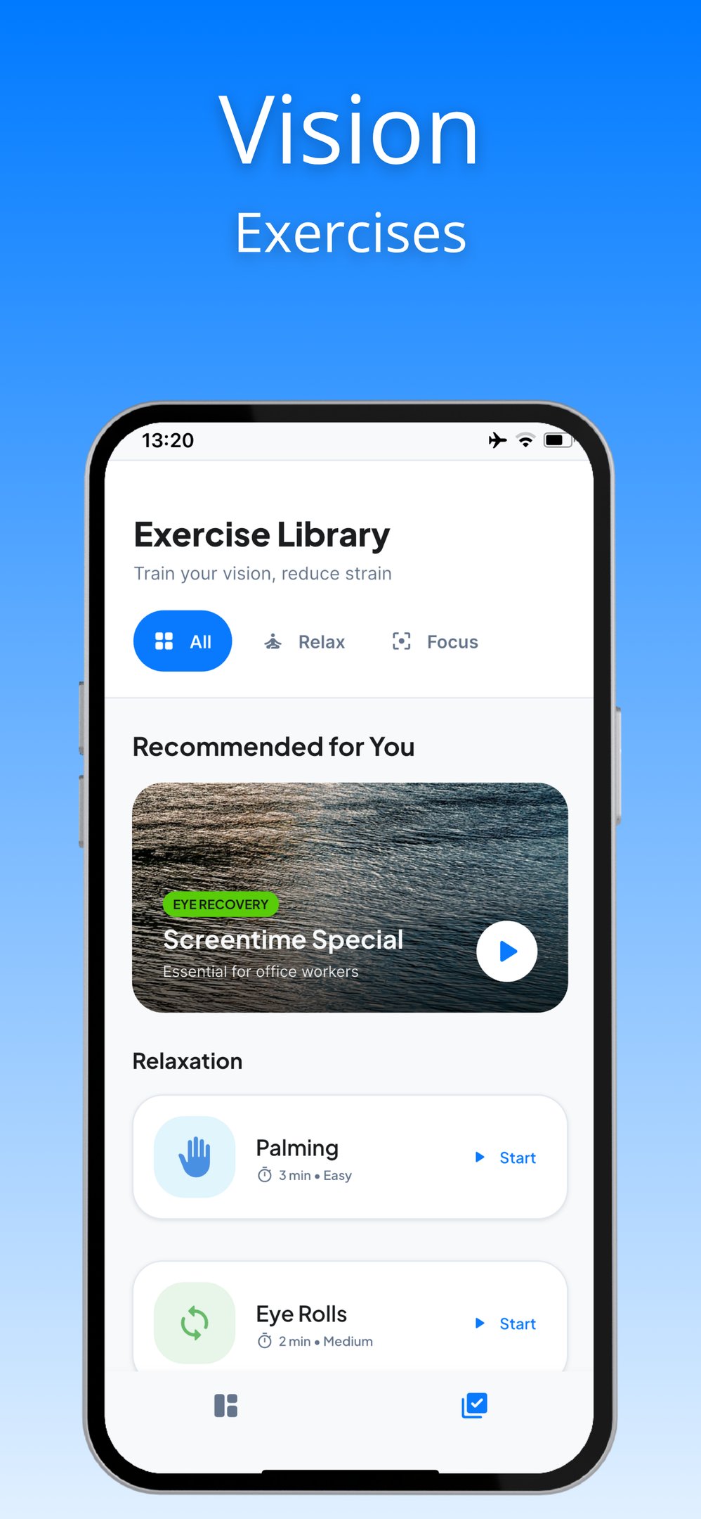 Mobile app interface showing vision exercises like eye rolls and palming to reduce eye strain.
