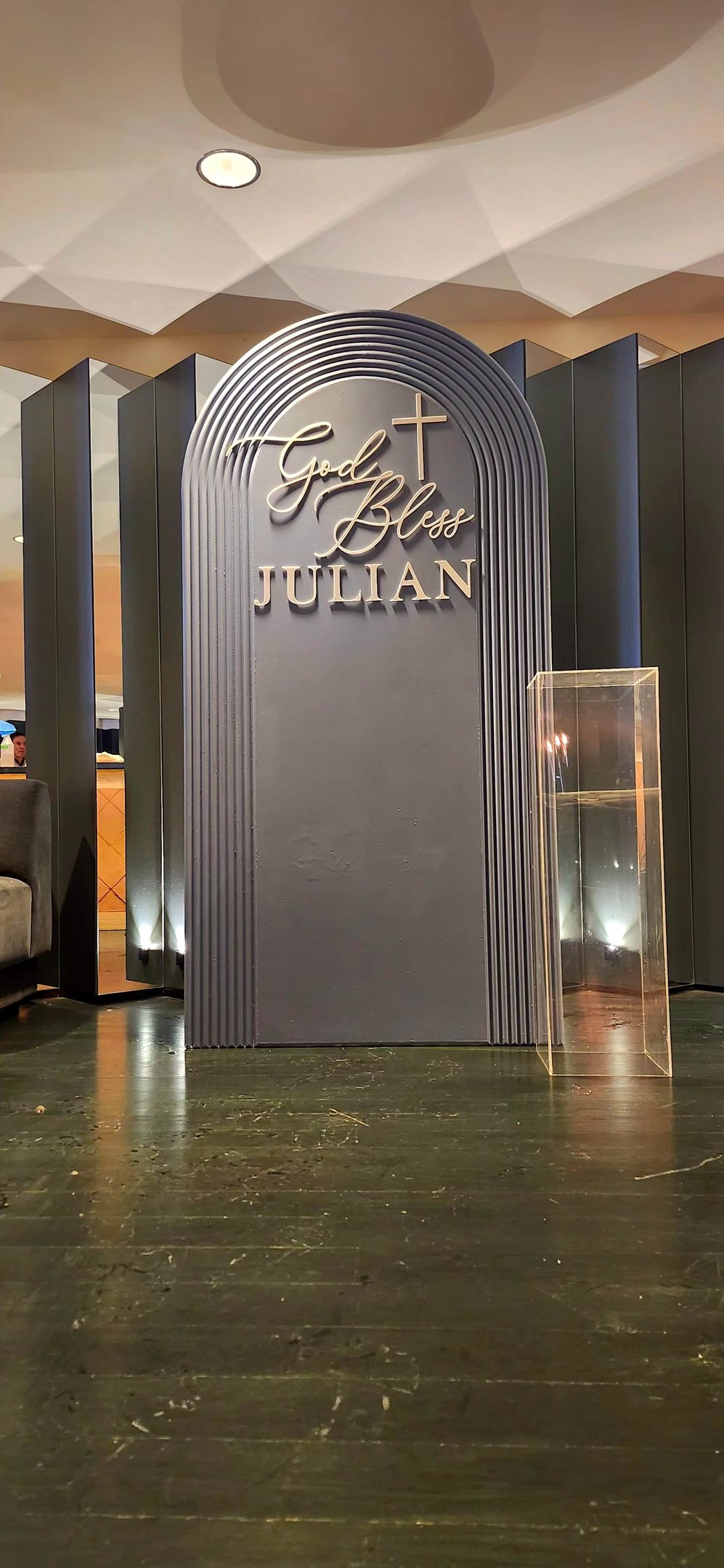 Blue baptism backdrop with a God Bless custom made sign by Decors4u