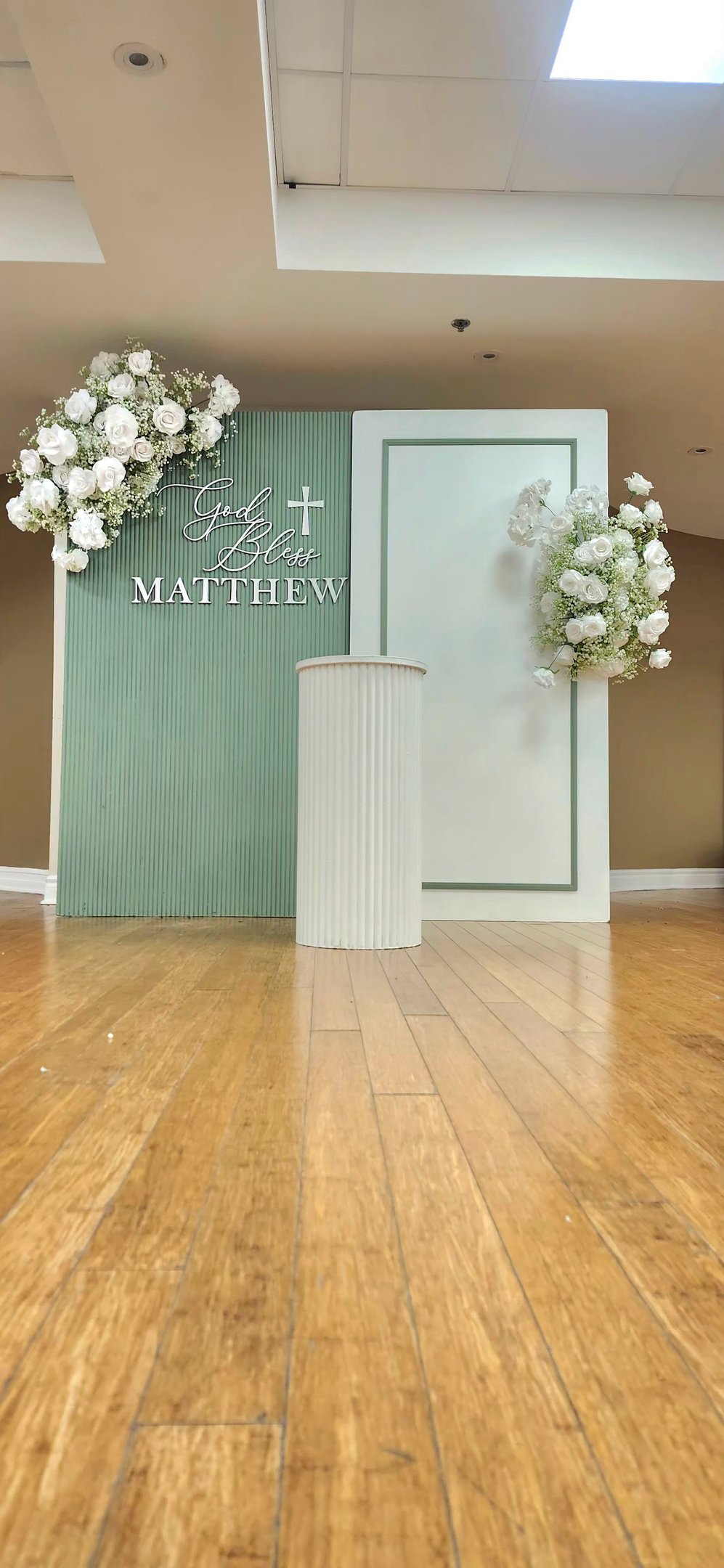 Baptism Backdrop in Olive with a custom made God bless sign