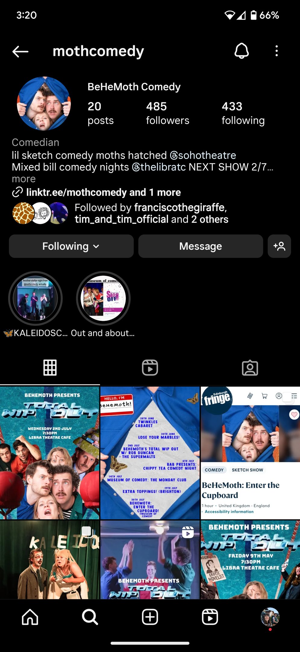 Screenshot of BeHeMoth Comedy Instagram Page before a Instagram audit by Laura Franklin