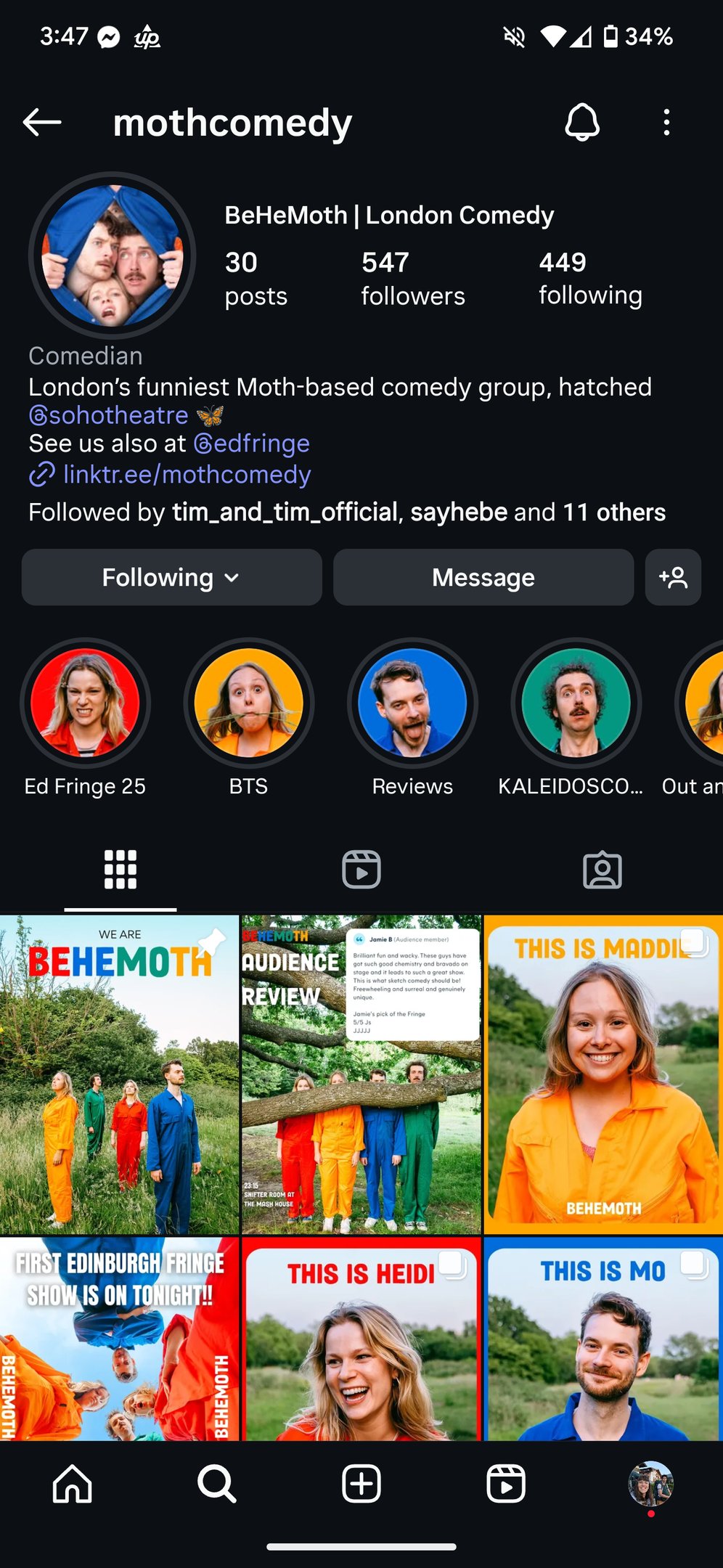 Screenshot of BeHeMoth Comedy Instagram Page after a Instagram audit by Laura Franklin