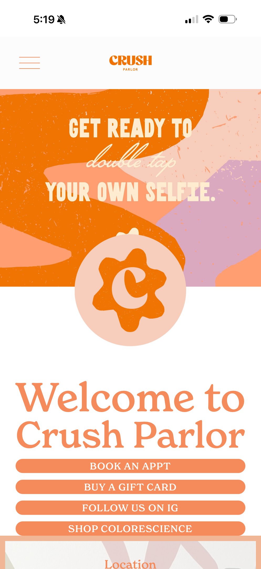 Mobile website for Crush Parlor showing booking options and gift card links.